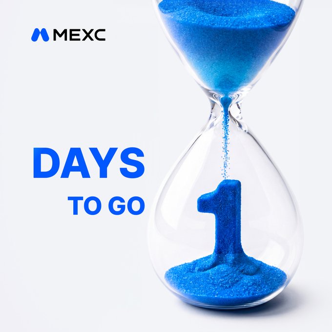 A promotional image for MEXC showing an hourglass filled with blue sand and the text 'DAYS TO GO 1'.