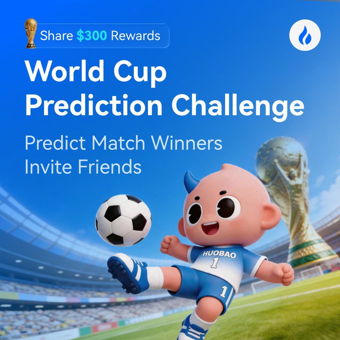 A cheerful mascot wearing a "HUOBAO 1" jersey kicks a soccer ball in a stadium alongside the FIFA World Cup trophy, promoting a "World Cup Prediction Challenge" where participants can "Share $300 Rewards" by predicting match winners and inviting friends, tying into the HTX English Telegram prediction contest.