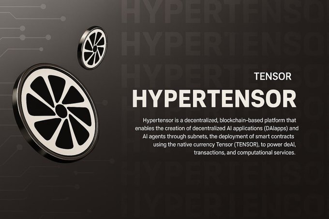 A promotional graphic for 'TENSOR HYPERTENSOR' on a dark background with coin graphics, describing it as a decentralized, blockchain-based platform that enables the creation of decentralized AI applications (DAIapps) using the native currency Tensor (TENSOR).