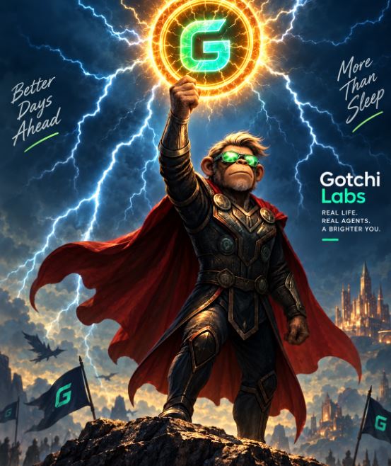 A digital illustration of a heroic figure in armor and a red cape, wearing sunglasses, raising a glowing green 'G' emblem. Text reads 'Gotchi Labs', 'Better Days Ahead', 'More Than Sleep', and 'REAL LIFE. REAL AGENTS. A BRIGHTER YOU.'