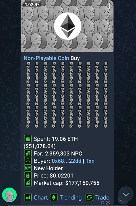 A notification screen displays "Non-Playable Coin Buy" with transaction details showing 19.06 ETH ($51,078.04) spent to acquire 2,359,803 $NPC tokens at $0.02201, marking a new holder. This supports the post about "weak hands out $NPC" by visually confirming a significant purchase of $NPC coins by a new wallet holder.