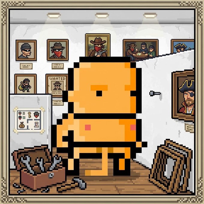 A pixel art character resembling Bitcoin stands in a Wild West sheriff's office filled with wanted posters (one clearly reading "WANTED") and a framed portrait of a pirate captain, surrounded by a toolbox, lockpicks, and an iron grate. The image humorously ties into the post by portraying the Ordinals project as an unshakable "sheriff" refusing to disclose its Bitcoin Ordinals listing timeline, jokingly threatening to extend the wait every time followers ask and even suggesting an OpenSea listing.