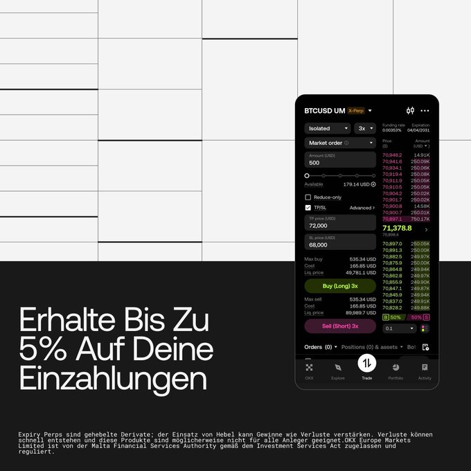 The image shows a smartphone screen displaying a trading app with a black background, white text, and various stock symbols. The phone's screen also displays the German text "Es ist bereits einen Monat her, seit X-Perps in Deutschland gelackt sind Zur Feier können bis zu !" which translates to "It's time for trading".