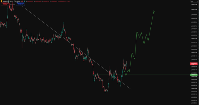 A TradingView candlestick chart of $BONK/USDT on Binance showing a downtrend with a diagonal resistance line, a horizontal support level near 0.00002957, and a hand-drawn green projected path indicating an anticipated breakout that could yield a +500% gain on Spot.