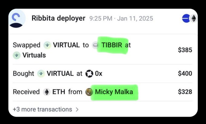 A transaction history screenshot from 'Ribbita deployer' dated Jan 11, 2025, lists cryptocurrency swaps including exchanging VIRTUAL for TIBBIR, buying VIRTUAL at 0x, and receiving ETH from Micky Malka.