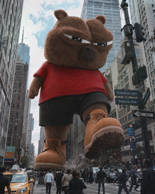 A giant plush brown bear in a red shirt, black shorts, and tan Timberland boots towers over a busy New York City street, while nearby street signs read "PumpFun Ave" and "Solana Ave" with a "One Way" indicator.
