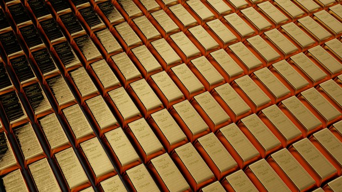 The image presents a digital representation of a grid filled with golden colored rectangular bars that appear as tiny squares or rectangles. These gold blocks are arranged in rows and columns, mimicking a pattern seen in a grid-like fashion. The bars vary in size but all have a similar golden hue, giving them an almost metallic appearance when viewed against the gray background of the image. This close-up view is quite detailed and shows that these golden bars make up the entire composition. While there is no visible text present in the image, one can infer from the overall style and design elements that it could be related to a trading platform for precious metals or a display of these gold bars as an investment opportunity.