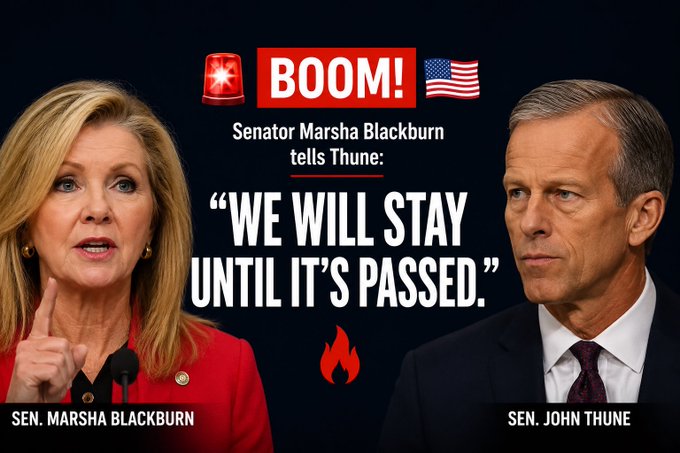 A graphic features side-by-side photos of Senator Marsha Blackburn in a red jacket and Senator John Thune, with text reading "BOOM!" followed by "Senator Marsha Blackburn tells Thune: 'WE WILL STAY UNTIL IT'S PASSED.'" The image visually reinforces the accompanying post's message about Blackburn's defiant stance on the CLARITY Act and the ongoing push for its passage.