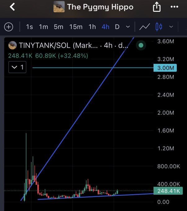 A TradingView chart of the "TINYTANK/SOL" token on a 4-hour timeframe shows the price consolidating around 248.41K after an initial spike, with a highlighted resistance level at 3.00M—supporting the poster's expectation that $TINYTANK will reach at least 3M.
