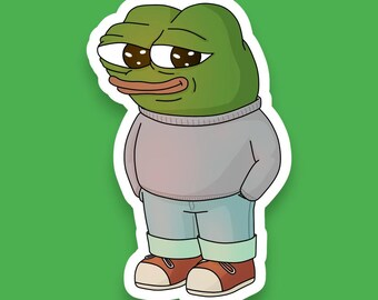 A cartoon sticker of a grumpy-looking green frog wearing a grey hoodie, blue pants, and red shoes on a green background.
