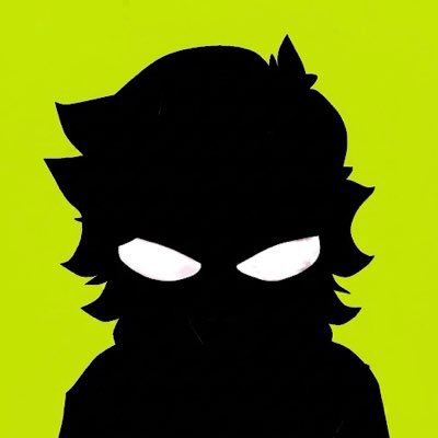 A black silhouette of an anime-style character with spiky hair and glowing white eyes against a bright lime-green background.