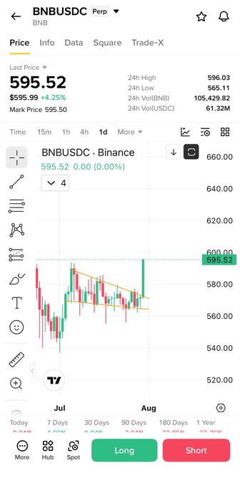 A Binance perpetual futures chart shows BNBUSDC trading at $595.52 with a 4.25% gain, marking a recent breakout above a descending triangle pattern. The upward price action visible in the candlesticks supports the post's claim of "$BNB pumping," prompting the user to ask for the best BNB Chain coins to buy.
