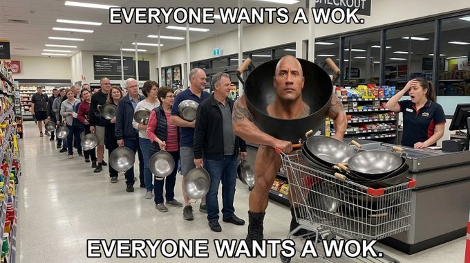 A meme showing Dwayne 'The Rock' Johnson with his head inside a wok, pushing a shopping cart full of woks in a supermarket, with other shoppers in line also carrying woks. Text reads 'EVERYONE WANTS A WOK.'