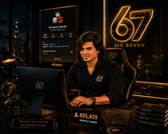 A promotional image features a man sitting at a desk with a laptop displaying the 'Six Seven Club Bot' on Telegram, claiming 895,409 monthly users, with motivational books and branding throughout.