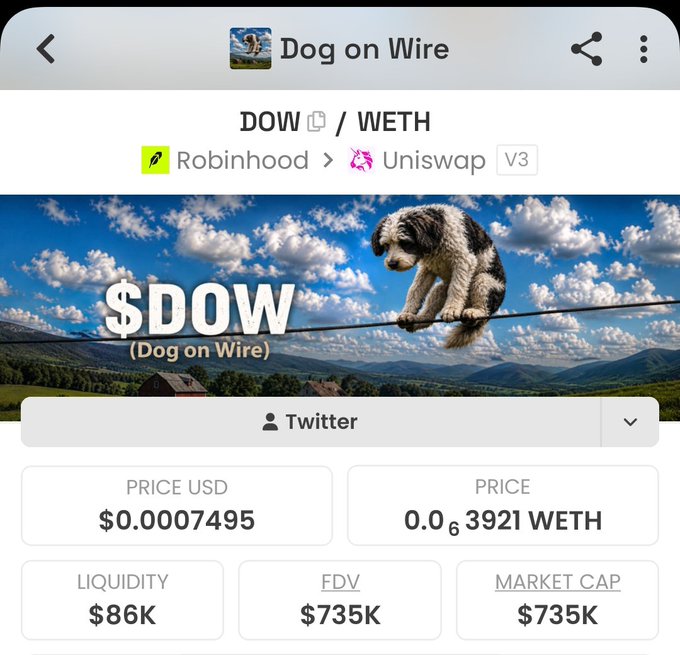 A cryptocurrency tracking page for '$DOW (Dog on Wire)', showing a price of $0.0007495, liquidity of $86K, and market cap of $735K.