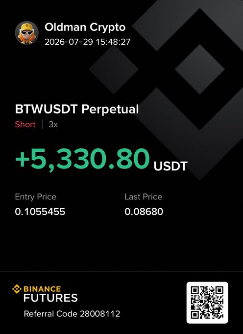 A trading screenshot from "Oldman Crypto" dated 2026-07-29 shows a profitable +5,330.80 USDT short position on BTWUSDT Perpetual at 3x leverage, entered at 0.1055455 and last priced at 0.08680, capturing gains from the 20% #BTW dump. The image includes Binance Futures branding with referral code 28008112 and a QR code.
