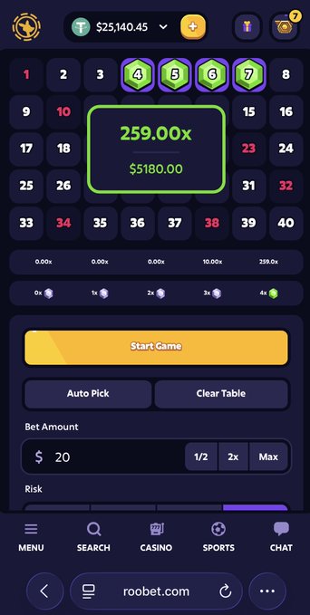 A screenshot of a mobile gambling/casino app showing a calendar grid with numbers 4-7 selected, displaying a 259.00x multiplier with $5180.00 payout, a $25,140.45 balance, and options for 'Start Game', 'Auto Pick', and 'Clear Table' at roobet.com.