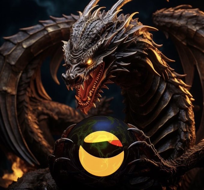 A detailed digital rendering shows a fierce, dark-scaled dragon with glowing orange eyes holding a glowing orb that resembles a reptilian eye.