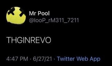 The image is a tweet from Mr Pool (@_ooP_rM311_7211) posted at 4:47 PM on 6/27/21 via Twitter Web App, containing the text "THGINREVO" — which is "OVERNIGHT" spelled backwards, matching the post's reference to an overnight update about $XRP.