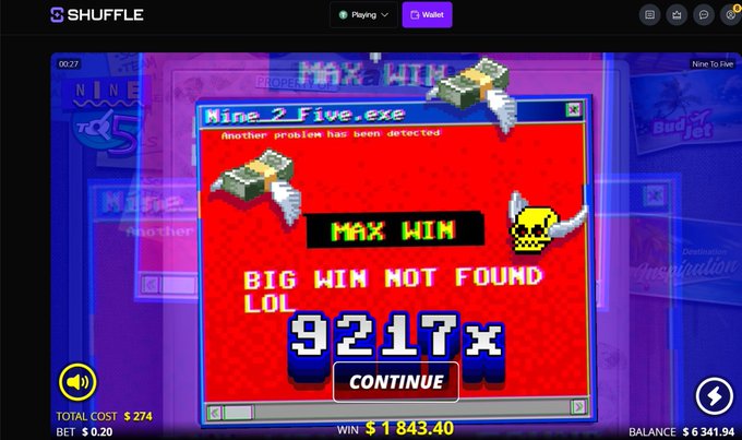A SHUFFLE casino interface shows a retro-style pixelated slot game screen reading 'Another problem has been detected' with 'BIG WIN NOT FOUND LOL 9217x', displaying a total bet of $0.20 and a balance of $6341.94.