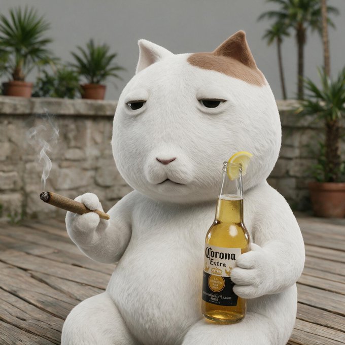 A digitally rendered white cat with brown markings holds a lit cigar in one paw and a bottle of Corona Extra beer with a lemon slice in the other, sitting on a wooden deck with potted plants in the background.