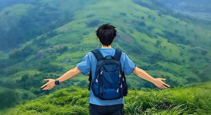 An anime-style illustration of a person with a backpack, viewed from behind with arms outstretched, standing on a grassy hilltop overlooking lush green mountains.