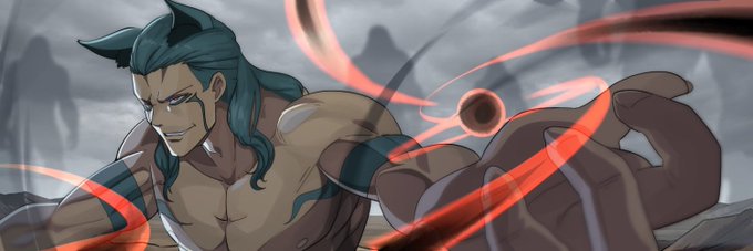 An anime-style illustration of a muscular shirtless man with teal hair and a confident smirk, surrounded by red energy streaks and dark orbs.