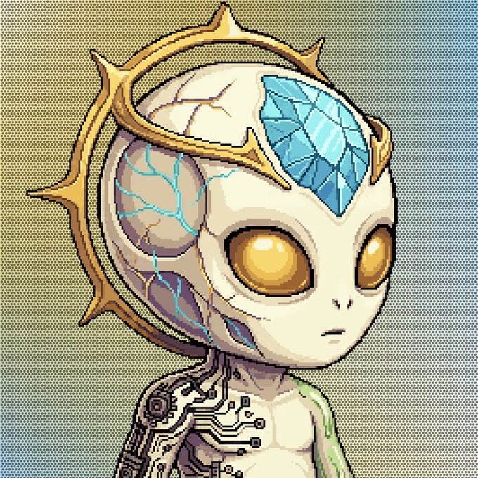 The image features an illustration of a cartoon alien with a white head and face, wearing a gold crown and holding a blue crystal in its hand. The background of the image has a gradient effect that blends yellow and green colors together. The caption below the image reads "gVoids fam Today, we’re proud to share that @AdamWeitsman has been sent to @Adam".