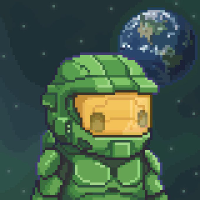 A pixel-art Master Chief from Halo floats in space with Earth visible in the background behind him. The image pairs with the post's message by suggesting that Master Chief—the iconic hero who saves humanity from the "Hollows" (likely a play on the Covenant or hollow threats)—symbolizes the defender needed to rescue Ethereum NFTs, implying only a heroic "Hollow" intervention can save them.