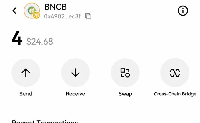 A cryptocurrency wallet interface displays a balance of 4 BNCB tokens ($24.68) with options to Send, Receive, Swap, and Cross-Chain Bridge. The image supports the accompanying post promoting a BNCB reward task, visually demonstrating an existing token holding that aligns with the farming opportunity being advertised.