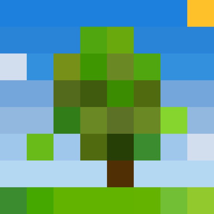 A pixelated, low-resolution digital image showing a green tree shape on a blue background with a yellow sun in the corner.