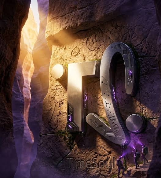 A massive metallic "TimeSoul" logo is carved into a sunlit canyon wall, with tiny explorers standing at its base beside purple glowing energy, symbolizing the platform's blockchain-powered journey of self-discovery and motivation. The watermark "TimeSoul.com" appears at the bottom, tying the ancient-meets-futuristic imagery to the project's NFT key concept.