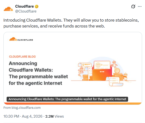 A Cloudflare X post (2.2M views) dated August 4, 2026 introduces Cloudflare Wallets, linking to a blog titled "Announcing Cloudflare Wallets: The programmable wallet for the agentic Internet," which highlights their new AI-agent-focused payment solution built on the X402 protocol.