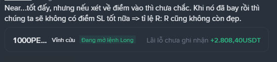 A snippet of Vietnamese text discussing trading strategy, mentioning PEPE and LONG order execution, with a 10000PEPE entry and +2,808.40 USDT profit.