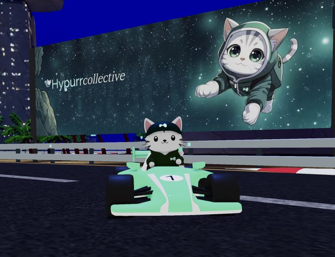 A virtual 3D scene showing a small white cat character in a dark hoodie driving a light green Formula 1-style race car marked with the number "7," with a large screen behind displaying the "Hypurrcollective" logo and an illustration of another cat character floating against a starry background.