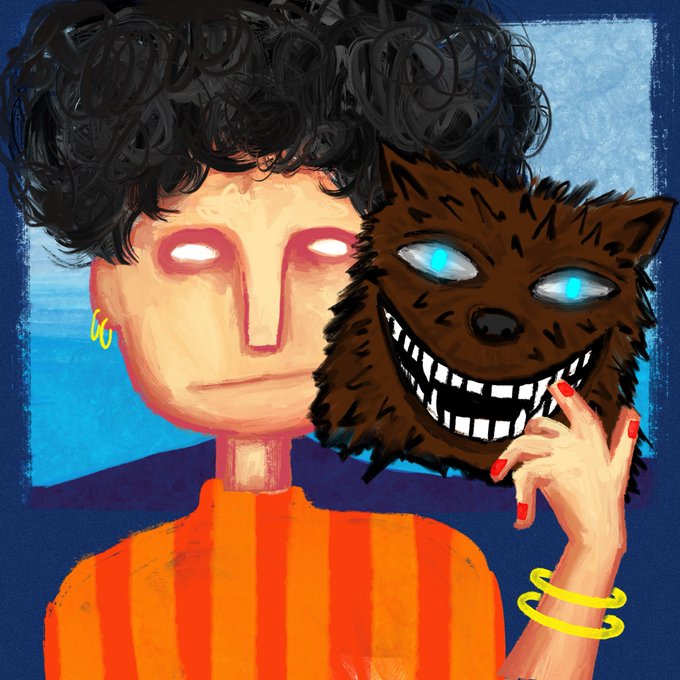 A stylized digital illustration of a person with curly black hair, glowing white eyes, and a blank expression holding a menacing brown wolf-like mask with sharp teeth and blue glowing eyes.