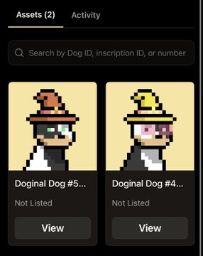 A digital wallet interface showing two pixelated NFT assets labeled 'Doginal Dog #5...' and 'Doginal Dog #4...' both marked as 'Not Listed' with View buttons, in an 'Assets (2)' tab.