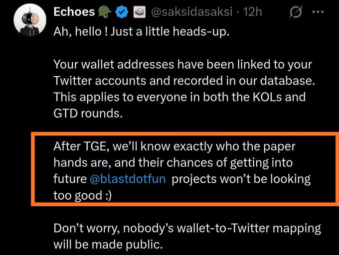 Screenshot of a tweet by Echoes (@saksidasaksi) threatening that wallet addresses linked to Twitter accounts have been recorded, warning that 'paper hands' chances of getting into future @blastdotfun projects won't look good after TGE.
