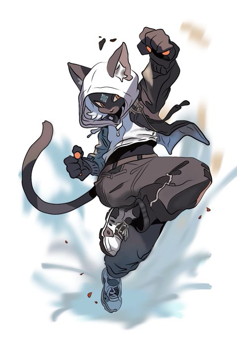 A digital illustration of an anthropomorphic cat character wearing a hoodie and dark clothing, depicted mid-action with a clenched fist raised.