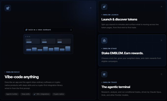 A dark-themed UI screenshot of the Emblem platform showing 'EMBLEM BUILD' with 'Vibe-code anything' description, alongside feature cards for 'Launch & discover tokens', 'Stake EMBLEM', and 'the agentic terminal.'