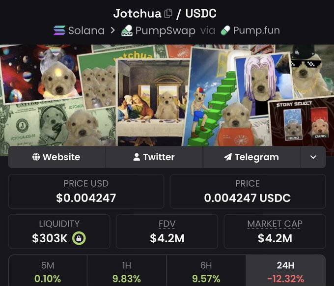 The image shows a cryptocurrency token page for "Jotchua / USDC" on the Solana blockchain via PumpSwap and Pump.fun, displaying key metrics including a price of $0.004247 USDC, liquidity of $303K, FDV and market cap of $4.2M, and 24H performance of -12.32%. The page features meme-style imagery of dogs overlaid on famous art and dollar bills, reinforcing the post's bullish sentiment comparing $Jotchua to $WIF as a potential meme coin breakout.