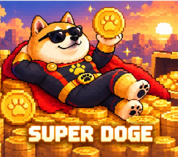 Pixel art of a Shiba Inu wearing sunglasses and a superhero cape, lounging on a pile of gold coins with one coin featuring a paw print, set against a sunset cityscape, with "SUPER DOGE" text displayed at the bottom—matching the "$SuperDoge" memecoin launch promotion.
