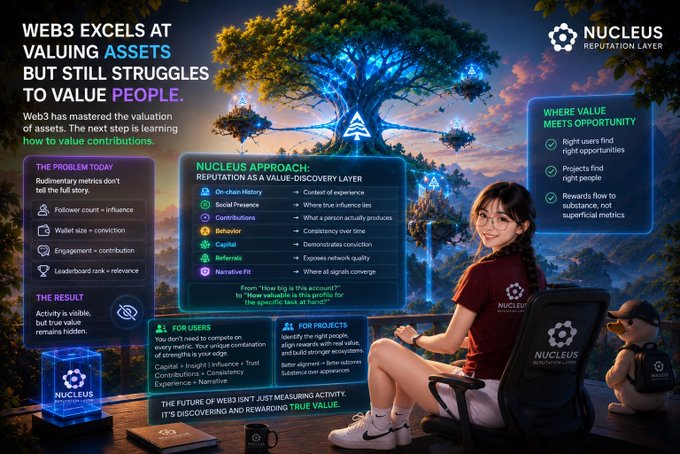 An infographic titled 'NUCLEUS REPUTATION LAYER' arguing that 'WEB3 EXCELS AT VALUING ASSETS BUT STILL STRUGGLES TO VALUE PEOPLE,' featuring a woman sitting before a futuristic glowing tree and listing the 'NUCLEUS APPROACH' to reputation, including on-chain history, social presence, and contributions.