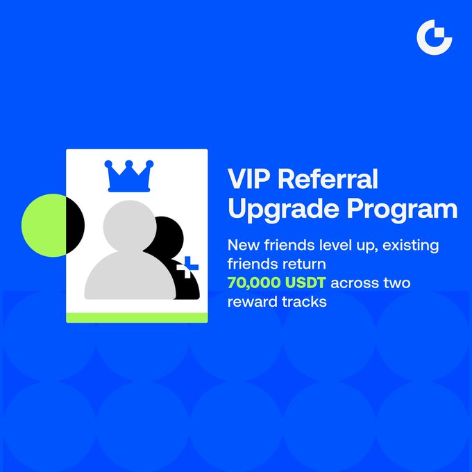 The image promotes a "VIP Referral Upgrade Program" offering 70,000 USDT in rewards across two tracks, featuring a graphic of a crowned user icon alongside the text. The accompanying post elaborates that new and existing friends can earn rewards like 30 USDT per referral who reaches VIP 5, up to 300 USDT, aligning with the "new friends level up, existing friends return" message shown.