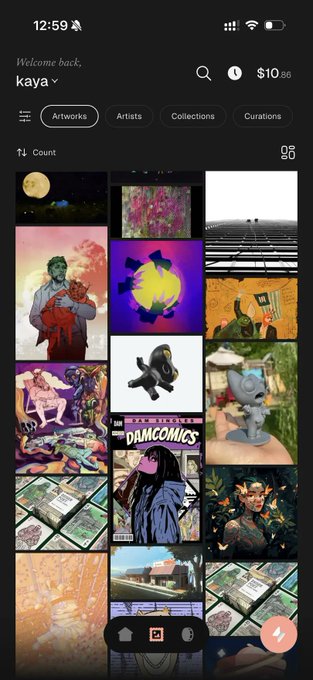 A mobile app screenshot showing an art gallery interface welcoming back user "kaya" with $10.86 balance, displaying a grid of digital artwork thumbnails across categories like Artworks, Artists, Collections, and Curations.