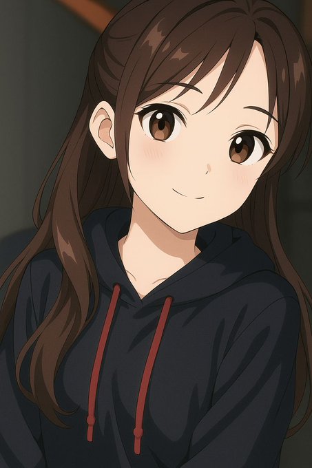 Anime-style illustration of a smiling girl with long brown hair wearing a black hoodie with red drawstrings.