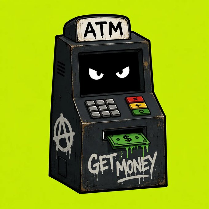 A cartoon illustration of an angry-looking ATM machine on a bright yellow-green background, featuring graffiti including an anarchy symbol and the text 'GET MONEY' below a cash dispensing slot.