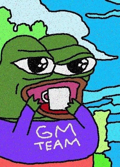 A pixelated illustration of Pepe the Frog drinking from a coffee mug, wearing a purple shirt with 'GM TEAM' written on it.