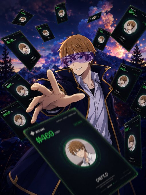 Anime-style illustration of a character wearing VR goggles, surrounded by floating digital profile cards displaying '4689' and 'ONYKO' usernames against a dramatic sunset sky.