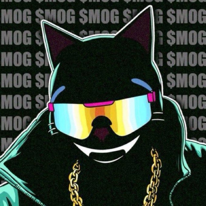 A stylized graphic of a black cat wearing rainbow-tinted sunglasses and gold chains, set against a repeating background of the word '$MOG'.